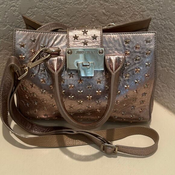 Jimmy Choo Two Way Crossbody Mini Bag Purse Metallic Gold Star Studded Punk Alt - Picture 1 of 15